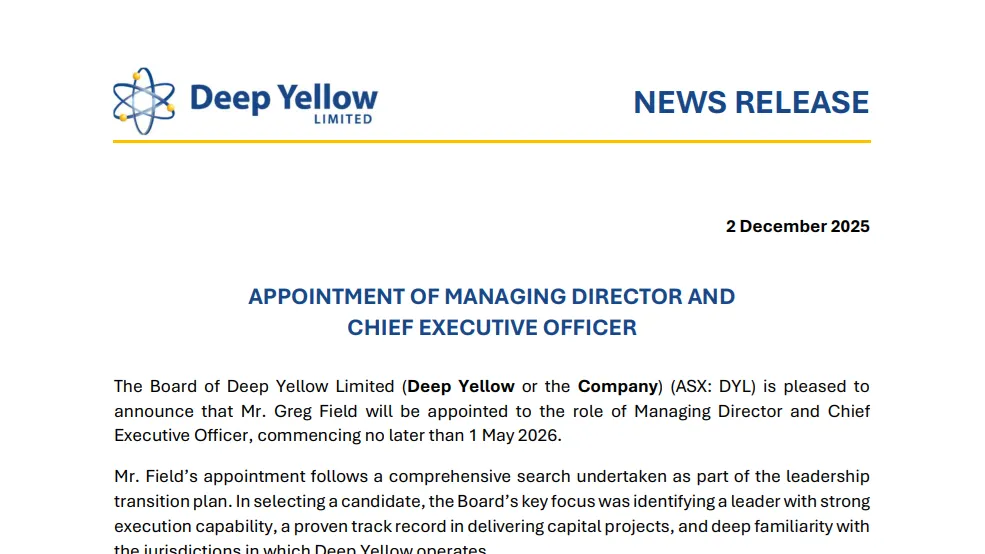 Greg Field Steps In as Deep Yellow’s New CEO